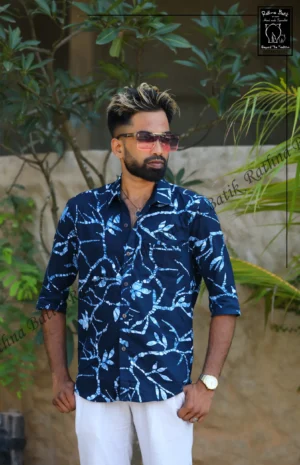 5DIV3883 Light Blue Leaf Pattern Cotton Shirt
